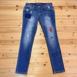 Amethyst Jeans Womens 9 Distressed Skinny Red Plaid Patched Denim Blue Jeans